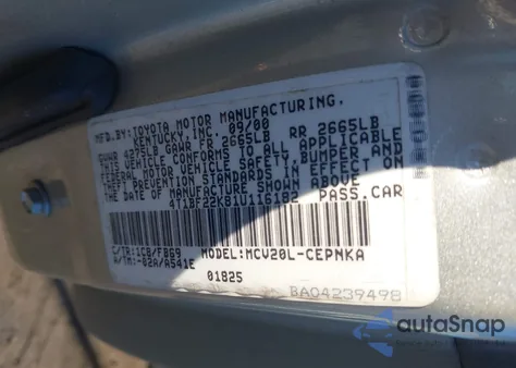 2001 Toyota Camry Le V6 z USA, uszkodzony, nr VIN 4T1BF22K81U116182